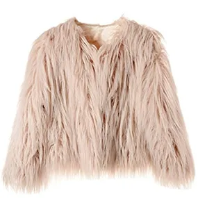 Dikoaina Women's Solid Color Shaggy Faux Fur Coat Jacket (US6, Pink)