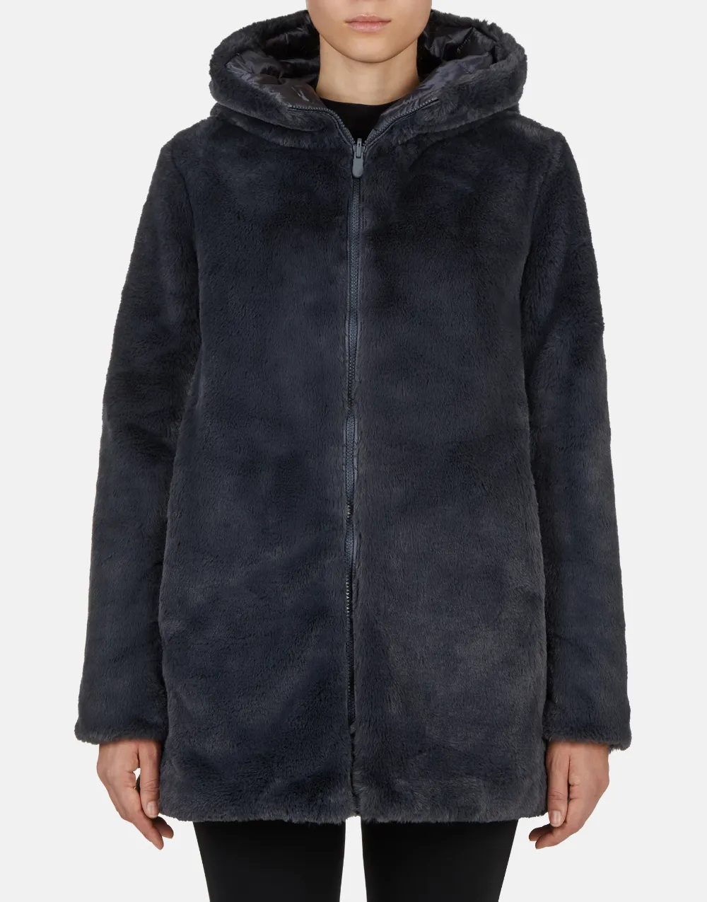 Furry Hooded Reversible Coat - Black