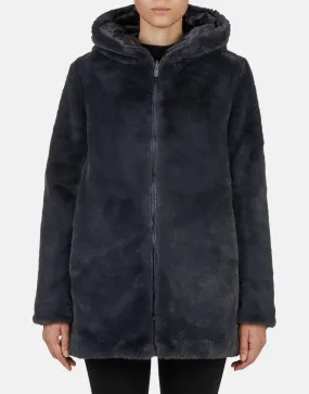 Furry Hooded Reversible Coat - Black