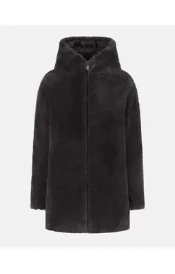 Furry Hooded Reversible Coat - Black