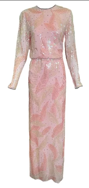 Halston 70s Pink Chiffon Feather Motif Sequin Gown