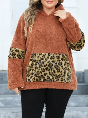 Plus-Size Furry Hoodie with Animal Print Highlights