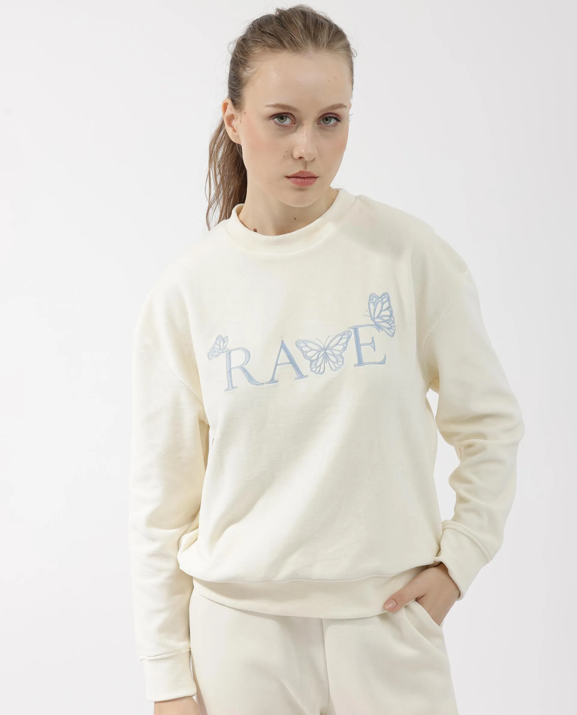 Rareism Articale Women Elwes Beige Poly Cotton Fabric Full Sleeves Crew Neck Regular Fit Graphic Print Sweatshirt