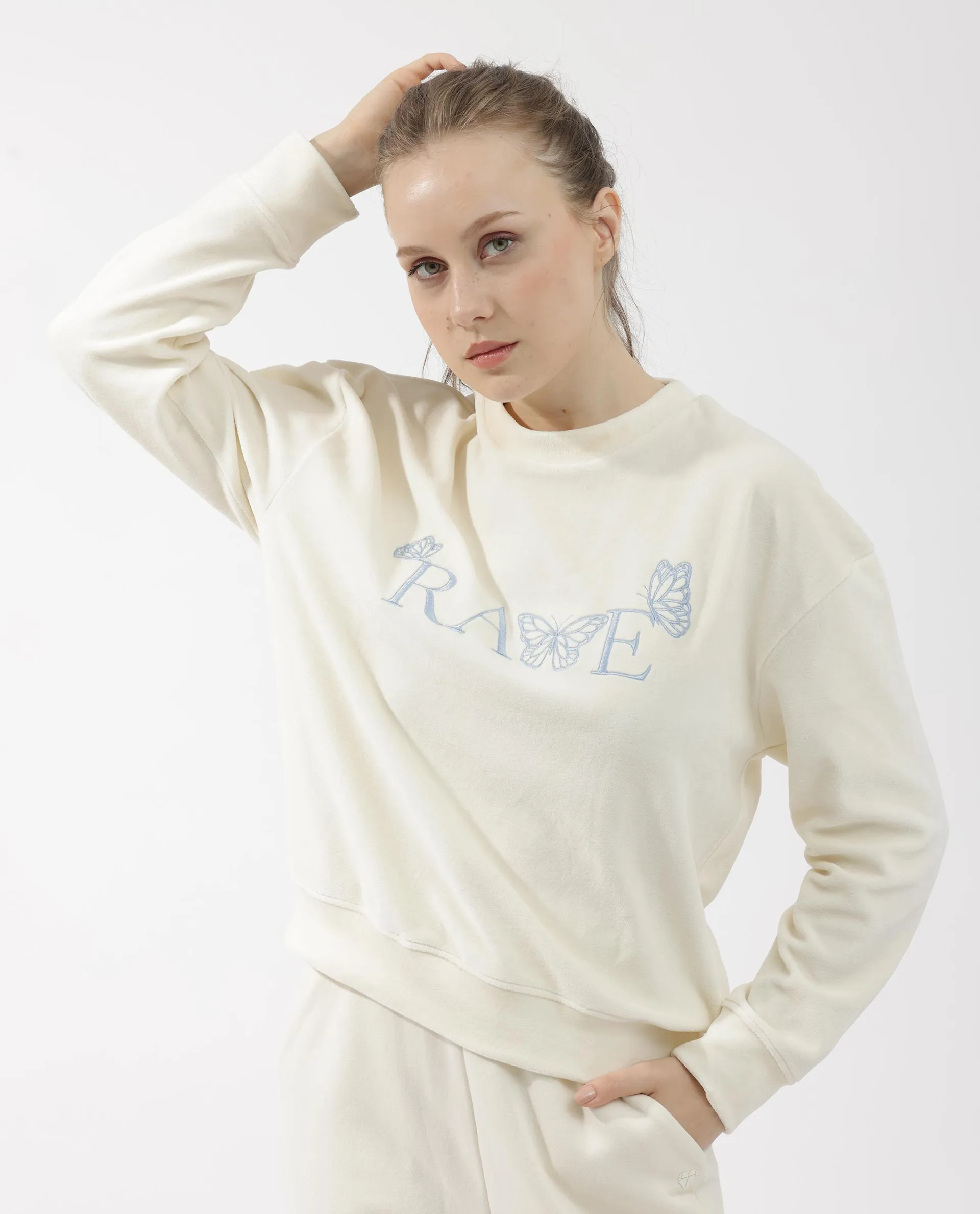 Rareism Articale Women Elwes Beige Poly Cotton Fabric Full Sleeves Crew Neck Regular Fit Graphic Print Sweatshirt