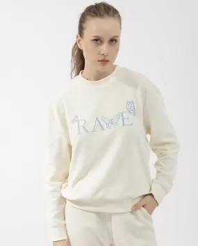 Rareism Articale Women Elwes Beige Poly Cotton Fabric Full Sleeves Crew Neck Regular Fit Graphic Print Sweatshirt