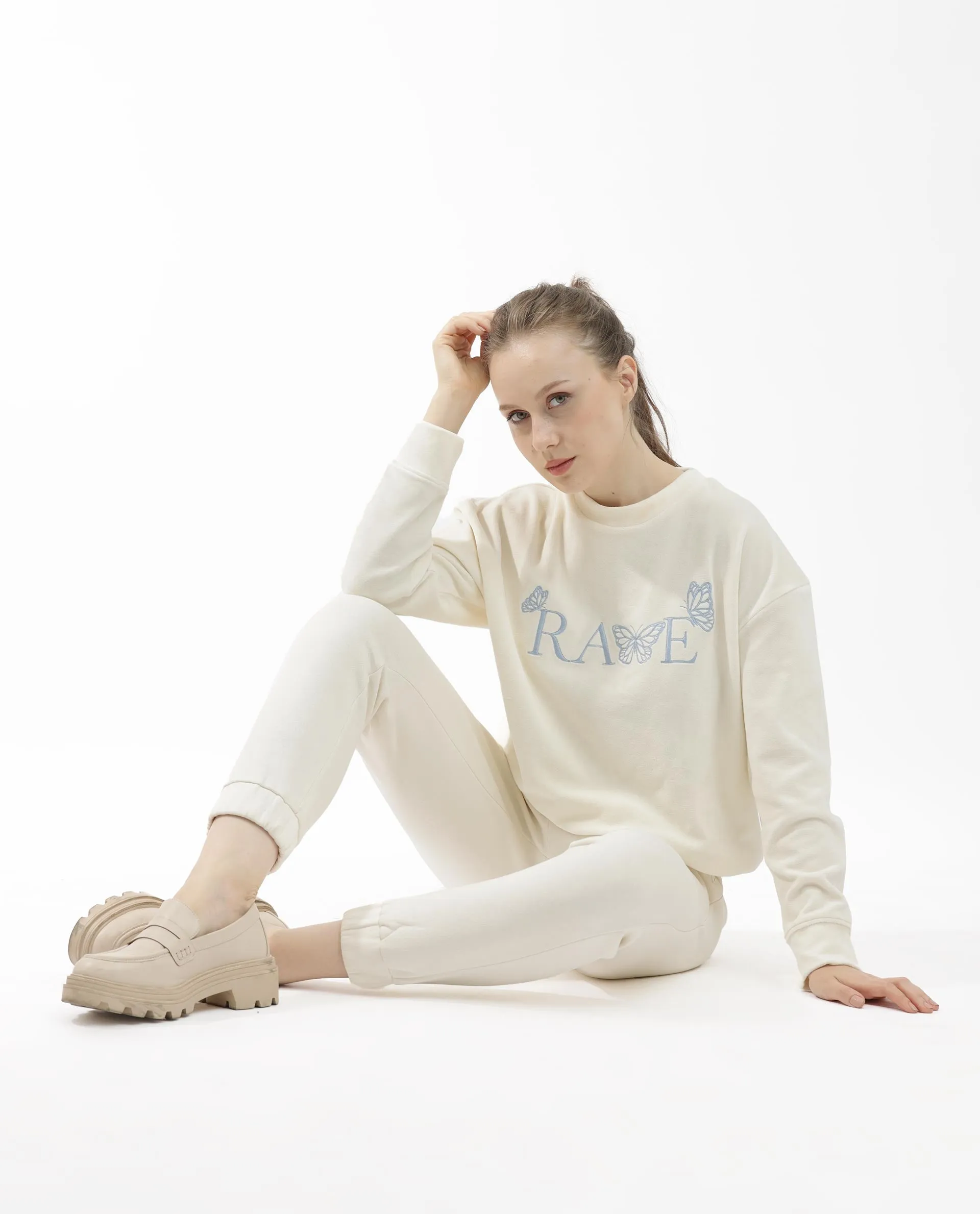 Rareism Articale Women Elwes Beige Poly Cotton Fabric Full Sleeves Crew Neck Regular Fit Graphic Print Sweatshirt