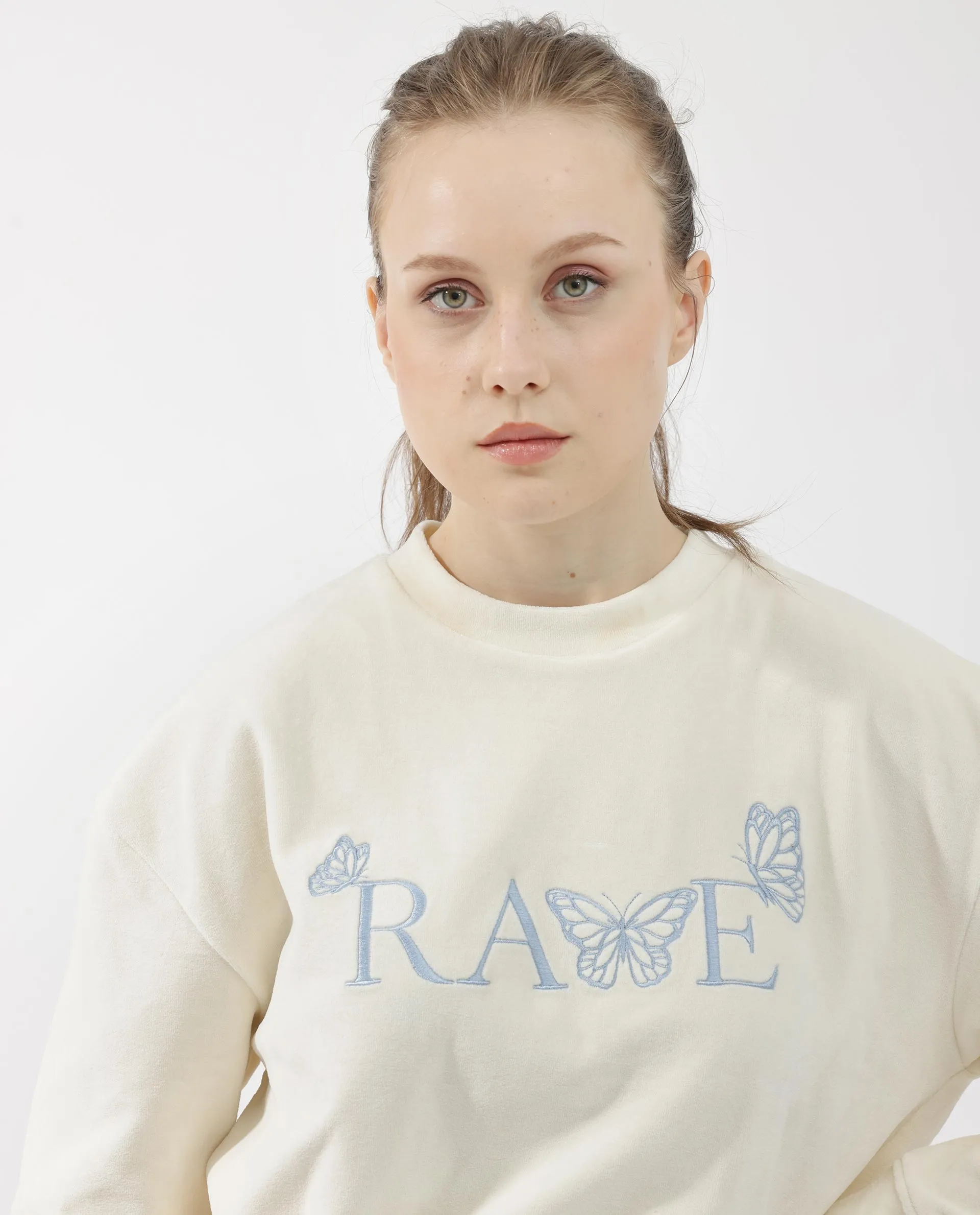 Rareism Articale Women Elwes Beige Poly Cotton Fabric Full Sleeves Crew Neck Regular Fit Graphic Print Sweatshirt
